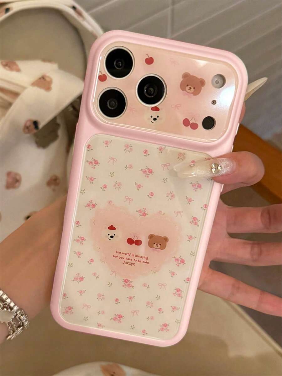春日美学可爱花卉樱花蝴蝶结卡通熊图案亮面手机壳，兼容 17 Pro Max、17 Pro、17、16 Pro Max、16 Pro、16、15 Pro Max、15 Pro、14 Pro Max、14 Pro，粉色边框摄像头保护，防摔后盖，礼品
