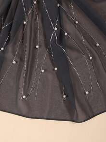 Novo Elegante Lenço Feminino Hijab com Pérolas e Laço de Strass de Chiffon, Xale Leve e Respirável para Todas as Estações, para Festas, Jantares e Ocasiões à Noite - Cinza - Visão 3
