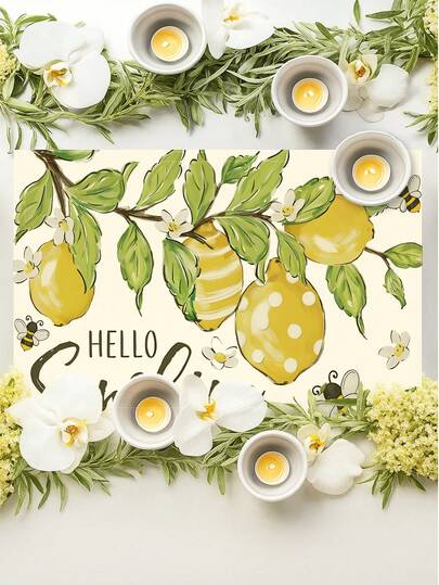 4 件装水彩黄色柠檬餐垫，复古黄绿色柠檬蜜蜂蓝色柠檬农舍风格耐热餐垫，适用于露台圆桌、节日派对、厨房、家庭餐桌、下午茶聚会