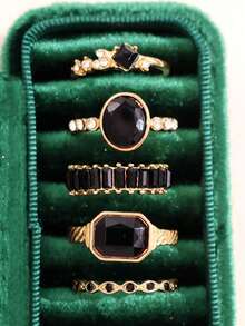 5pcs Set Fashionable Exquisite Luxury Versatile Casual Elegant Rhinestone Black Gemstone Gold Alloy Rings, Suitable For Girlfriend, Wedding Engagement - Multicolor - View 5