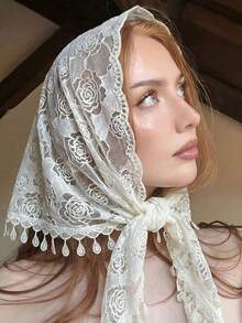 1条女士纯色花卉蕾丝三角围巾，镂空设计，蕾丝边，柔软舒适轻盈透气，可爱优雅浪漫风三角围巾，适合婚礼、派对、聚会等各种场合，四季皆宜。 - 多色-花朵三角巾 - 查看 14