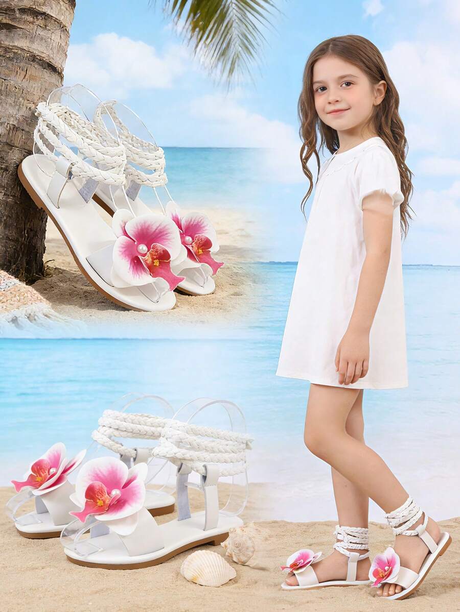 Girls' Flat Sandals With Braided Ankle Strap & Floral Pearl Accent - Summer Beach Shoes - White - View 1