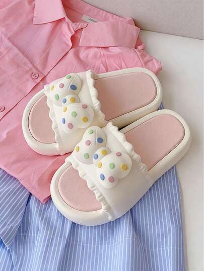 1 Pair Light Purple EVA Material Cute Cartoon Indoor Slippers, With 3D Polka Dot Bow Decor On Upper, Wavy Trim Design, Non-Slip Textured Insole, Soft & Adorable For Summer Home/Bathroom Use, Also Suitable As A Sweet Gift For Girls On Birthday, Valentine''s Day, Etc.
