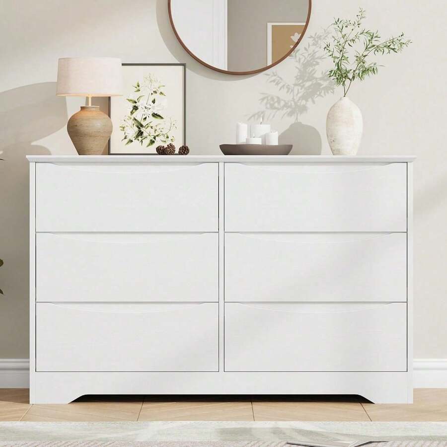 Armario de madera con 6 cajones moderno alto con almacenamiento profundo cómoda grande con parte superior ancha ideal para dormitorio sala de estar pasillo habitación infantil - Blanco - Ver 1