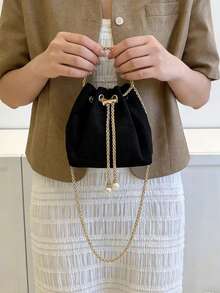 Túi đeo chéo kiểu xô, chất liệu vải nhung kẻ màu trơn, đa năng, phù hợp cho các bữa tiệc và sự kiện. - màu đen - Xem 4