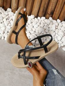 Nuevas sandalias de playa planas minimalistas de moda para el verano, para mujeres - Negro - Ver 4