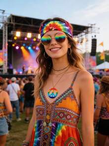 1 Bộ phụ kiện phong cách Hippie, trang phục in họa tiết da báo nhuộm tie-dye thập niên 1970, bộ trang phục Hippie, cosplay, đạo cụ trang phục lễ hội (vòng cổ, băng đô) - Nhiều màu - Xem 2