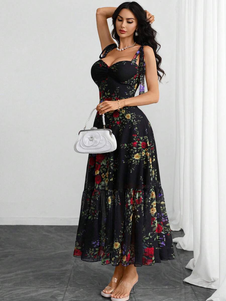 Women's Gothic Elegant Vintage Floral Print Bow Shoulder Ruffle Midi Dress Vacation Summer - Multicolor - View 1