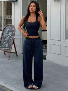 2 piezas Conjunto de top corto sin mangas de cuello cuadrado y pantalones con cordón en la cintura para mujer, hecho de tela elástica, adecuado para uso diario en verano - Azul Marino - Ver 6