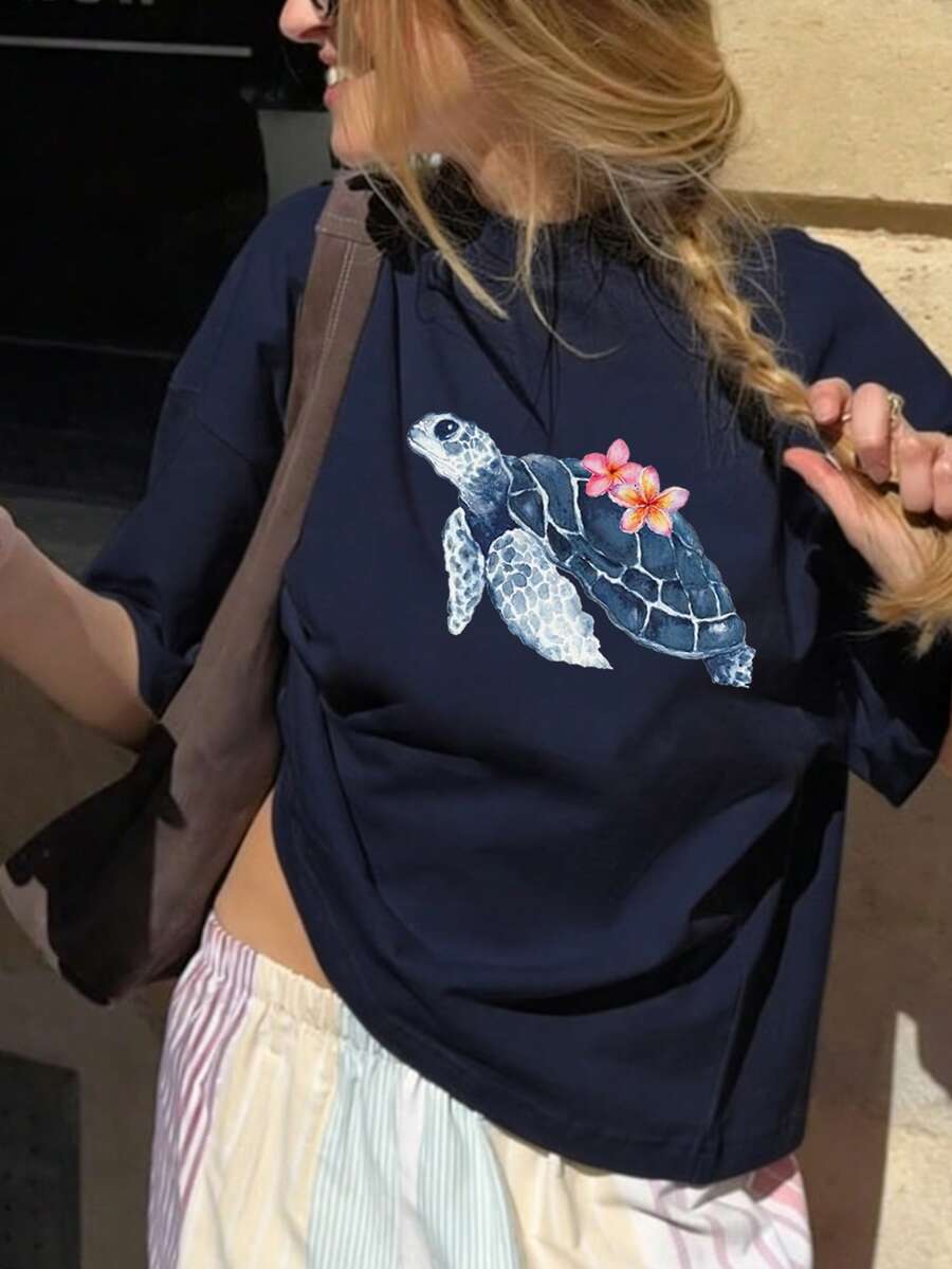夏季新款极简时尚海龟印花休闲圆领短袖T恤，百搭时尚女式上衣 - 藏青色 - 查看 1