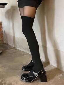 Layered Black Tights - Sheer Over Opaque Effect, Fashion Leggings For Gothic & Minimalist Style - Black - View 3
