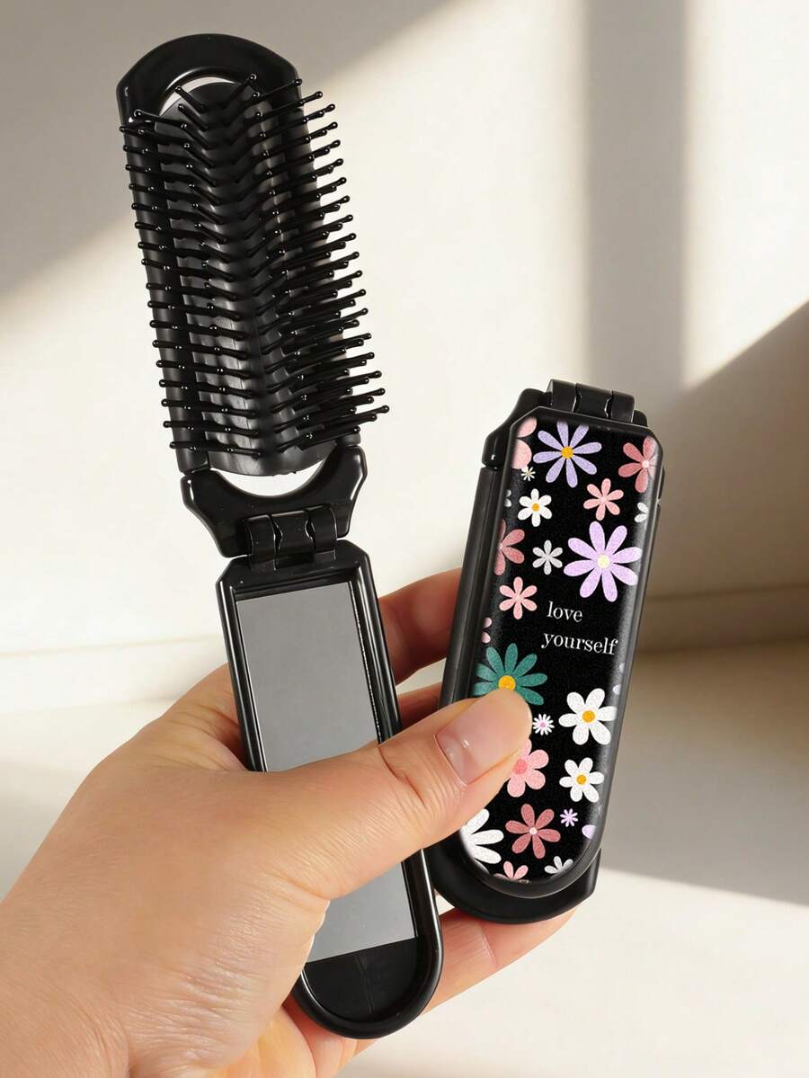 1 chiếc lược gấp gọn in hình "Yêu bản thân", kèm gương mini, lược du lịch bỏ túi, phù hợp cho cả nam và nữ, ý tưởng quà tặng.