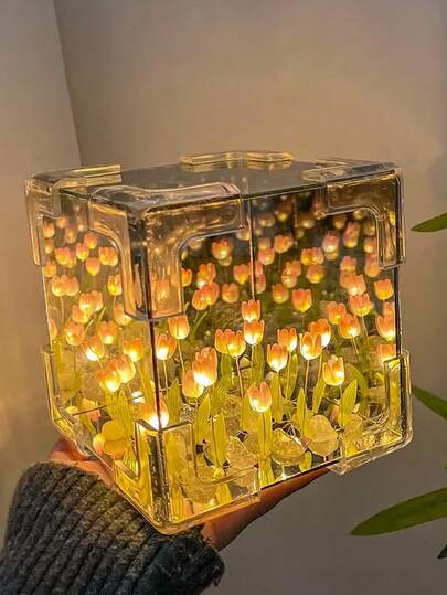 20 piezas Luz nocturna DIY de tulipán, linda lámpara de flor rosa, alimentada por batería, espejo de flor de tulipán artificial, regalo para la novia, decoración de dormitorio, decoración de habitación