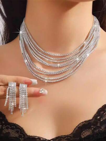 3個セット マルチレイヤー ジオメトリック クリスタルネックレス&ピアスジュエリーセット、ブライダル ウェディングアクセサリー