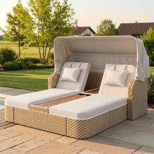 Outdoor Wicker Double Chaise Lounge With Adjustable Canopy 5-Position Reclining Backrests Built-In Cup Holders For Patio And Poolside - Beige - View 9
