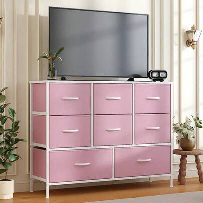 Glowlite Chest Of Drawers Large Dressers With Metal Frame And MDF Wooden Top Board Adjustable Feet Anti Tip Safety Design Storage Unit With 8 Drawers For Bedroom Living Room Closet Office