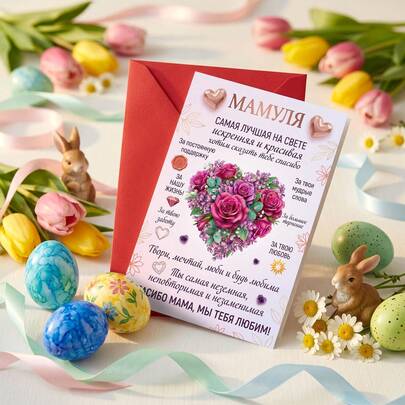一套母亲节快乐贺卡，含信封，俄语心形玫瑰花卉设计，内页空白，可书写个人祝福，是母亲节、生日和周年纪念日的理想礼物，非常适合送给母亲、继母和所有像母亲一样的人，以表达俄语家庭中的爱与感激。