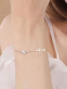 精致心形镂空十字架水钻银手链，情人节/生日礼盒 - 白金 - 查看 7