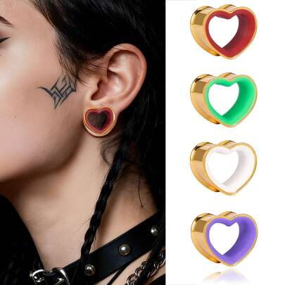2PCS Two-Color Heart Stainless Steel Ear Tunnels 8-19mm | Unisex Hypoallergenic Body Piercing Jewelry | Valentine Gift