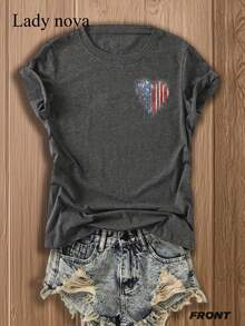 LADYNOVA Double Sided Printing American Flag Country Of The Red White And Blue Lady Nova T Shirt,Summer Outfits For Women, Vacation Outfits Women, Summer Clothes, Festival Outfits,Summer Tops - 深灰色 - 查看 2