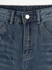 Dollsgirl Y2K 女士夏季牛仔短裤，前扣多口袋宽松休闲日常穿着，做旧街头百慕大七分牛仔裤 - 復古藍 - 查看 6