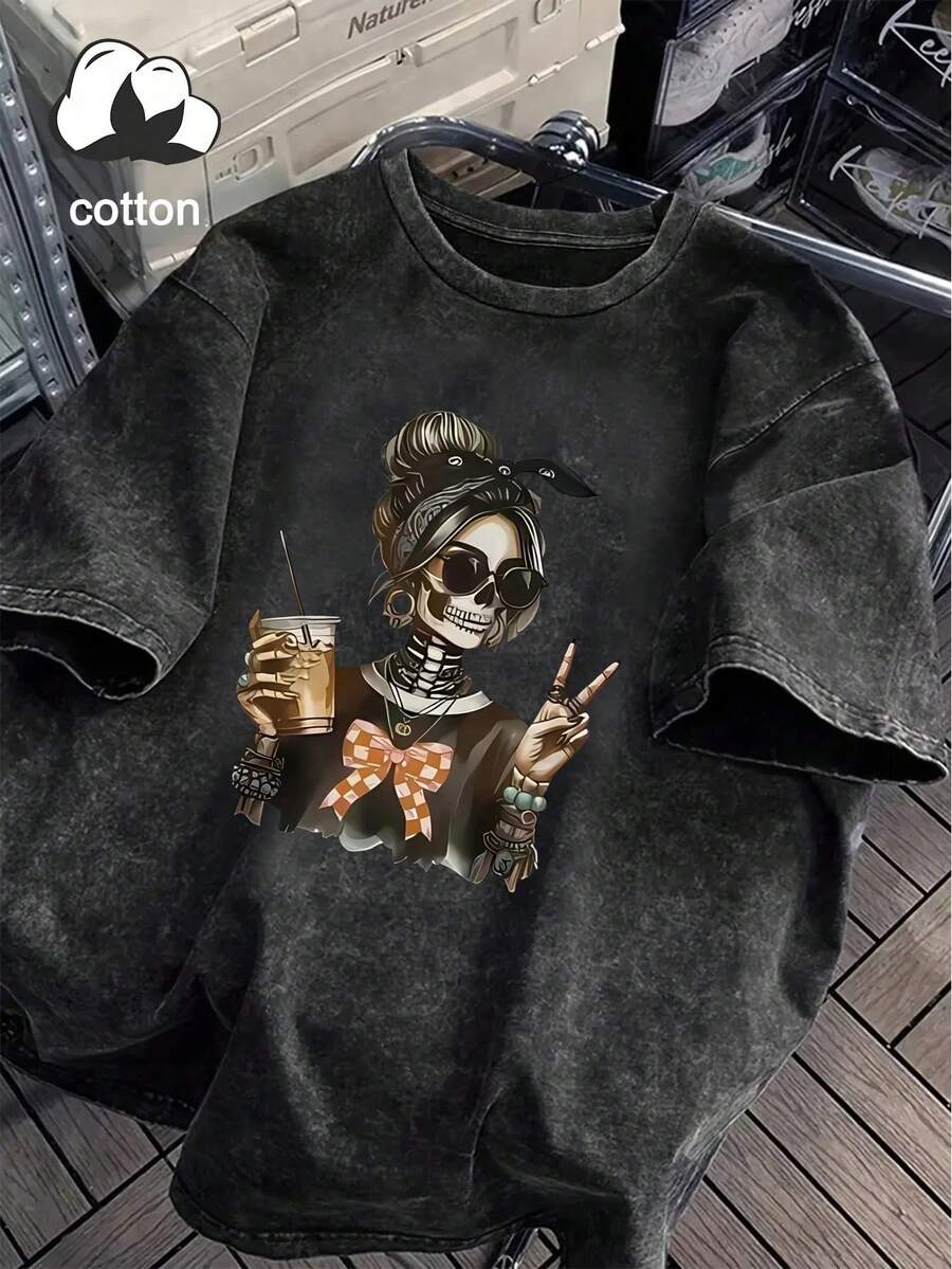 女士骷髅印花圆领短袖休闲宽松T恤 - 黑色 - 查看 1