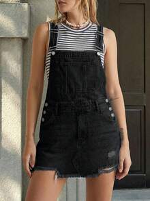Women's Loose Denim Pinafore Dress | Casual Distressed Frayed Slim Fit Versatile Fashionable Streetwear - Black - View 5