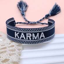 1 pieza Pulsera tejida a mano con letra Karma, accesorio vintage minimalista creativo y casual de bendición - Azul Marino - Ver 2