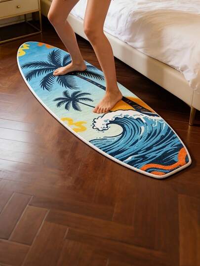 Tapete em formato de prancha de surfe, tema resort tropical com estampa de palmeiras e ondas - Tapete macio e lavável, ideal para quarto, sala de estar, cozinha, corredor, escritório, decoração de interiores, decoração de banheiro, tapete decorativo, decoração de quarto, tapete pequeno, tapete, decoração para casa, tapete para sala de estar, tapete para quarto.