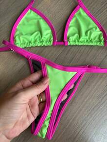 Brazilian String Bikini Without Padding, Thong Bottom, World Cup Tan Lines, Green, Yellow And Blue. - Neon Green/Pink - View 3