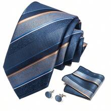 1 Set Striped Necktie, Pocket Square, Cufflinks Suit, Men's Business/Office Tie, Suitable For Party, Wedding, Gift - Color Mixing - View 2