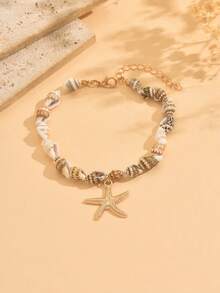 1pc Bohemian Starfish & Seashell Pendant Metal Anklet, Suitable For Daily Wear And Vacation, The Shape, Size And Surface Pattern Of The Seashell Is Random - Multicolor - View 1