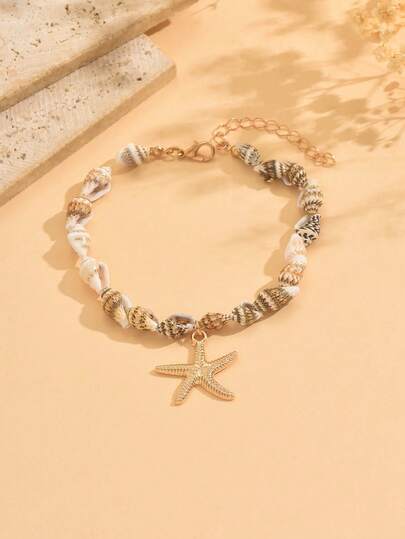 1pc Bohemian Starfish & Seashell Pendant Metal Anklet, Suitable For Daily Wear And Vacation, The Shape, Size And Surface Pattern Of The Seashell Is Random