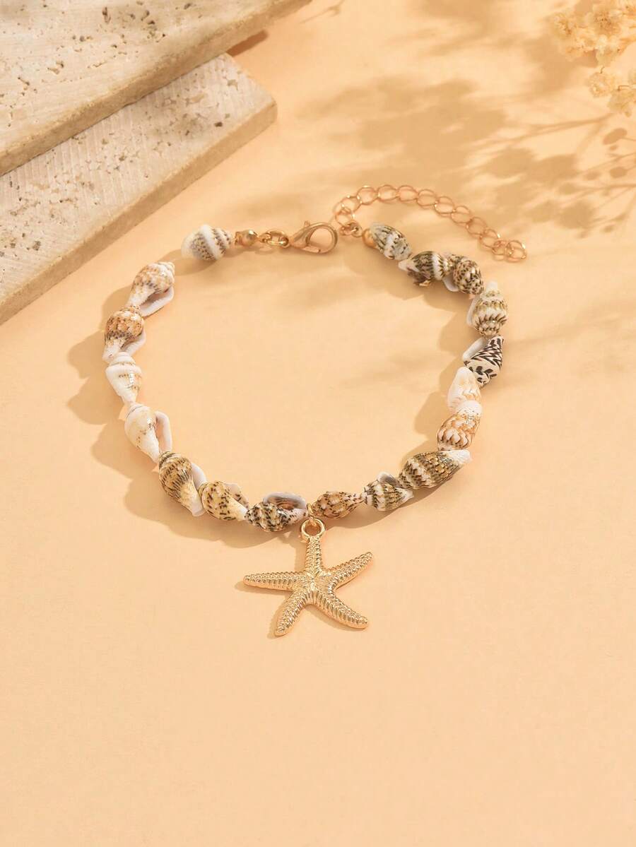 1pc Bohemian Starfish & Seashell Pendant Metal Anklet, Suitable For Daily Wear And Vacation, The Shape, Size And Surface Pattern Of The Seashell Is Random - Multicolor - View 1