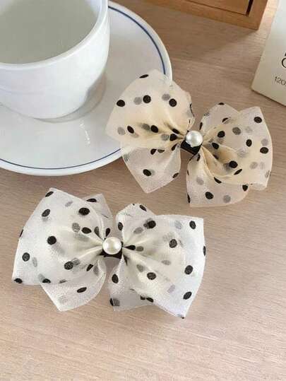 2pcs/Set Polka Dot Mesh Bow Hair Clips, Fashion Versatile Pearl Decor Side Hairpins For Girls