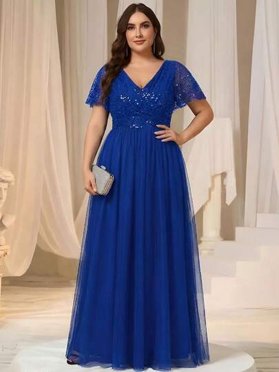 EVERPRETTY Plus Size Women's Summer V-Neck Sequin Patchwork Ruffle Sleeve Mesh Blue Evening Dress, Elegant Formal Gown Suitable For Wedding Guest, Valentine's Day Party, Cocktail Party, Etc.