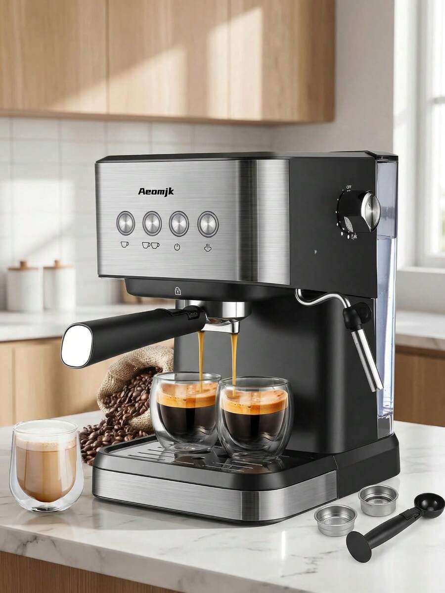 OCTAVO 20巴专业意式浓缩咖啡机，带奶泡器，不锈钢材质，50盎司可拆卸水箱，黑色 - 查看 1