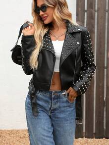 Chaqueta de mujer de cuero sintético con tachuelas, chaqueta corta de motociclista de manga larga con strass de PU, abrigo de moda punk - Negro oscuro - Ver 5