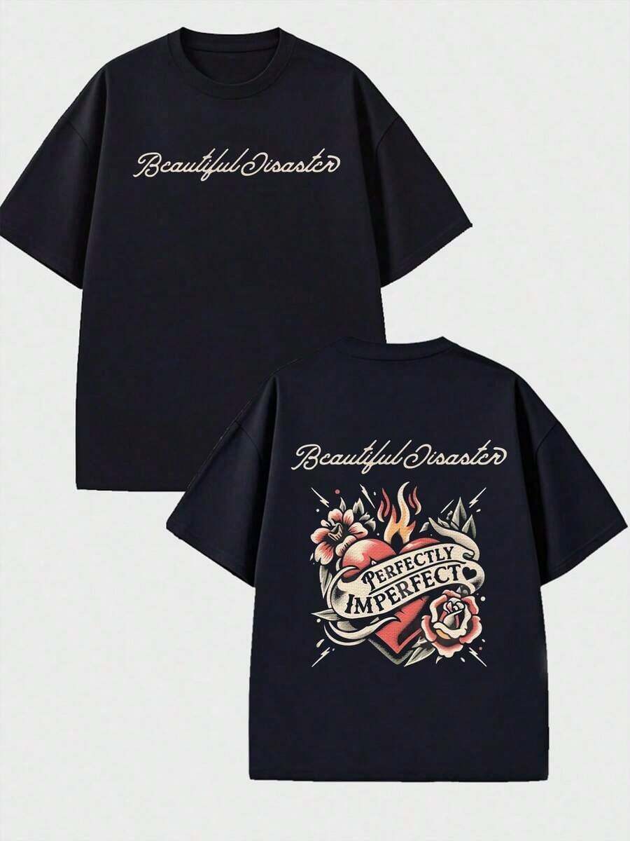 Beautiful Disaster Tattoo-Style Heart Design, Personalized 100% Cotton  Double-Sided Printed T-Shirt, Suitable For Rock Theme Events-Vintage Street Style Unisex Loose Cotton Short Sleeve Crew Neck T-Shirt,Summer Clothes,Festival Outfits For Women - 黑色 - 查看 1