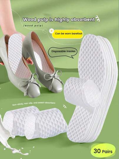 30 Pairs Summer Disposable Ultra-Thin Anti-Slip Wood Pulp Insoles, Absorbent Breathable Insoles Suitable For Shoes, High Heels, Sneakers