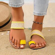 Dép xăng đan đế bằng cho nữ, kiểu dáng thời trang châu Âu và Mỹ, mũi tròn, quai đan, thích hợp đi biển. - Màu vàng - Xem 5