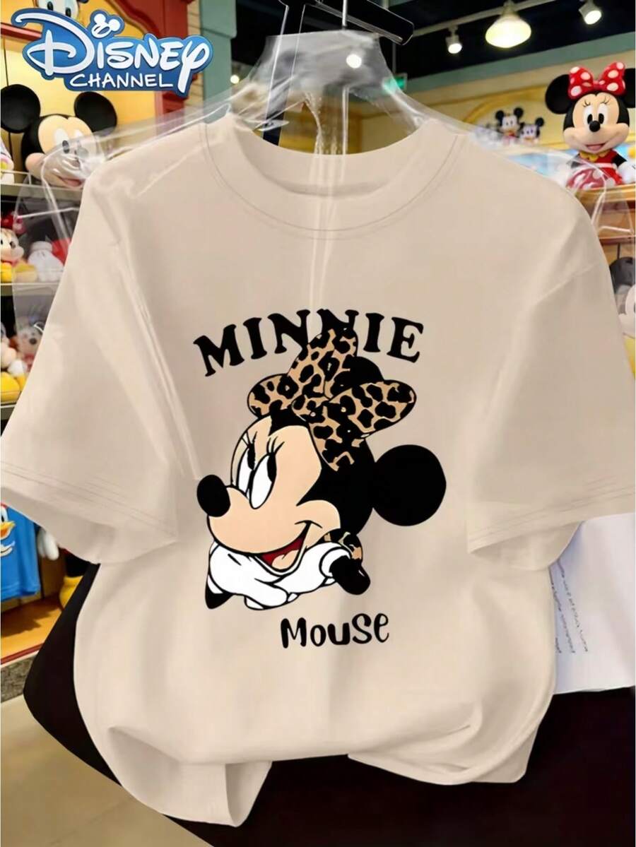 Disney Leopard Print Bow Short Sleeve T-Shirt, Minnie Mouse CartoonPrint Top, Disney Channel Women's Fashion Versatile, Multiple ColorsAvailable Cute Style - Apricot - View 1