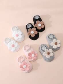 4 Pairs Baby/Toddler Girls' Cute Floral Decorated Socks, Solid Color Non-Slip Bottom Ankle Socks, Versatile For All Seasons - Multicolor - View 4