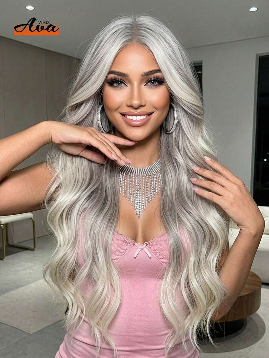 26英寸灰色高光泽长波浪假发，蝴蝶发型，适合初学者，金色，佩戴舒适，均码，适合日常、派对、角色扮演、音乐节等多种场合，女友礼物，时尚必备，节日美容必备，多功能 - 挑染灰色 - 查看 1