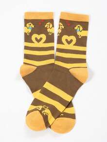 1双可爱腊肠犬条纹中筒袜，卡通爱心设计，舒适透气休闲袜 - 彩色 - 查看 3