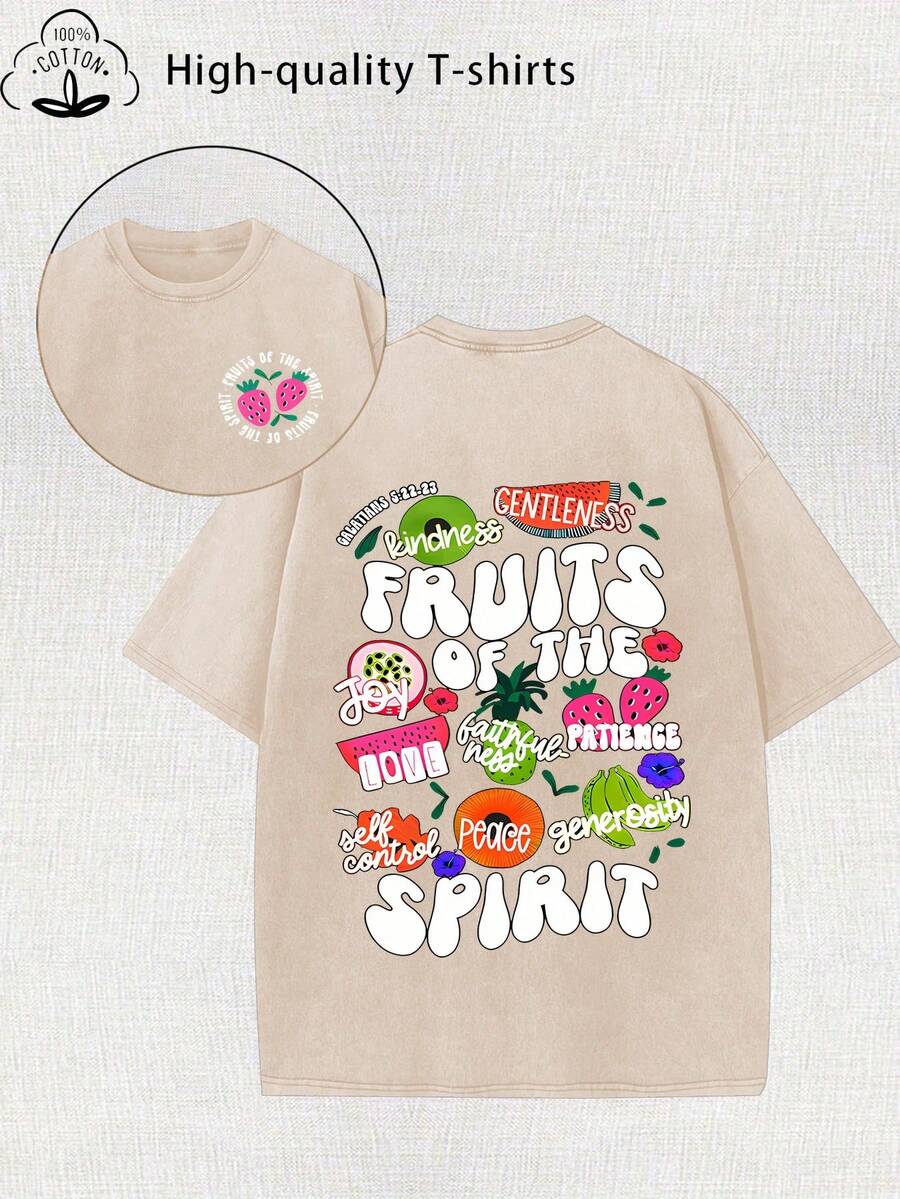 Summer Tops 2026 Women's Patterned Printed Vintage Washed T-Shirt - 230g Thick Cotton, Vintage Street Style Round Neck Short Sleeves, Machine Washabl - 杏色 - 查看 1