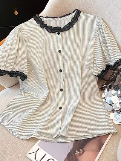 PARARAL Damen Sommer Lässig Business-Casual Patchwork Holz Quaste gestreiftes Kurzarmoberteil in Große Größen, Damen Sommer Bluse, Damen Urlaubskleidung, Damen Lässig Top, Damen schwarz-weiß gestreiftes Hemd