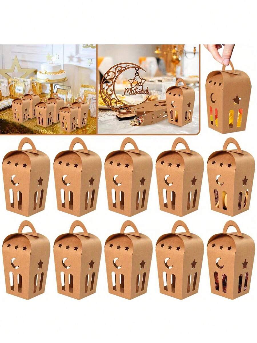 5 piezas Cajas de regalo de papel kraft con estampado de estrellas y lunas, cajas de almacenamiento de caramelos vintage huecas de color marrón, cajas de embalaje para festivales tradicionales, recuerdos de la fiesta de Eid Al-Adha, organizador de dulces, chocolates y aperitivos, cajas de regalo decorativas y prácticas de papel para fiestas en el hogar - Múltiples estilos - Ver 1