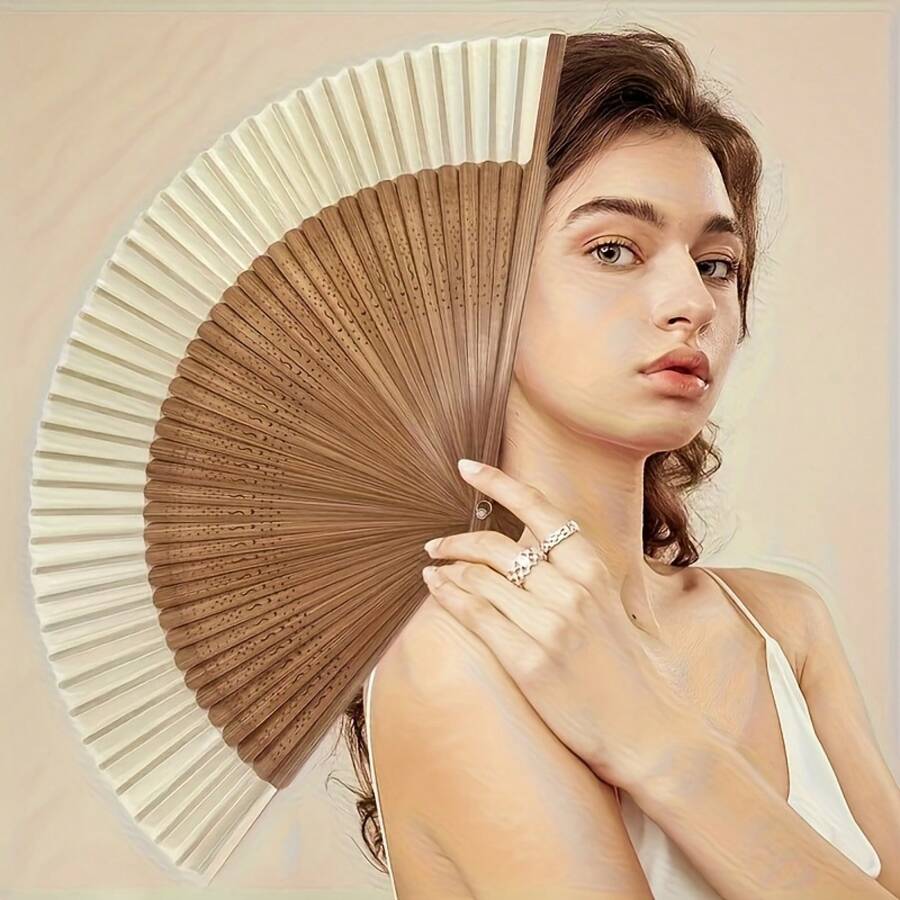 1Pc Vintage Bamboo Folding Hand Fan, Portable Summer Handheld Fan, Wooden Frame Bamboo Decor, Ideal For Mother's Day, Graduation, Birthday Gift & Accessories - 原色 - 查看 1