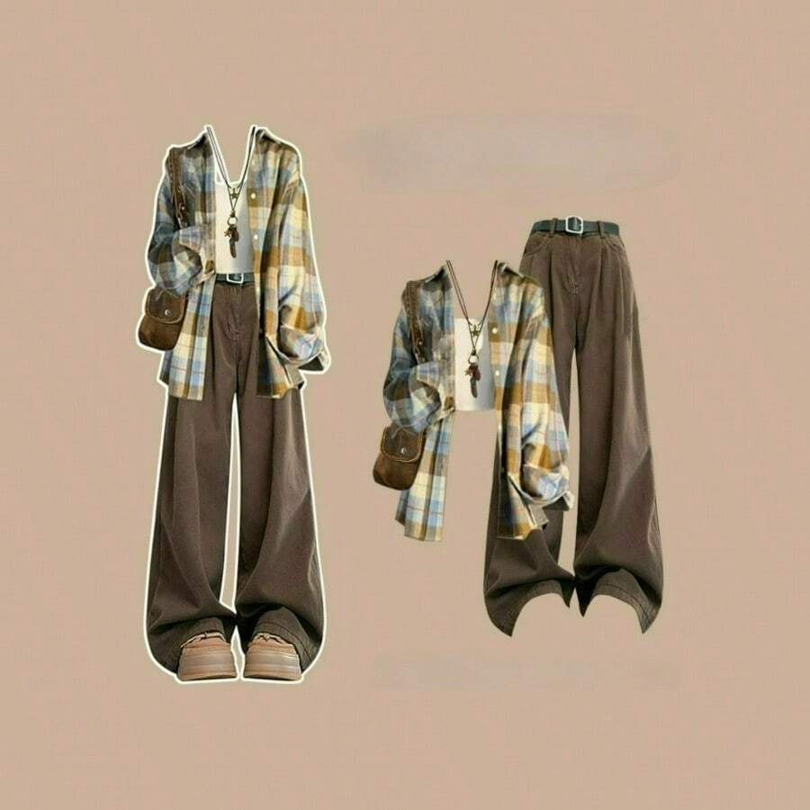 Women Two-Piece Outfits - Brown Premium Three-piece Set - View 1
